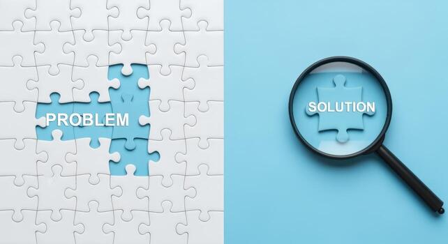 Problem Solving Concept Jigsaw Puzzle with Missing Piece and Magnifying Glass Reveals Solution photo