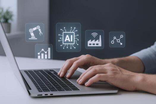 Artificial Intelligence in Manufacturing Person Using Laptop with AI Interface for Automation and Data Analysis photo