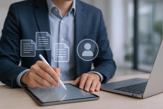 Business Professional Digitally Signing Documents on a Tablet with a Laptop in the Background photo