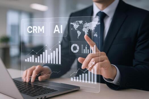 Businessman analyzing financial data with AI CRM solutions, showcasing futuristic technology and data-driven decision-making photo