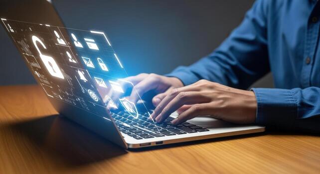 la seguridad cibernética profesional trabajando en ordenador portátil con datos proteccion interfaz, implementar la seguridad medidas y red seguridad protocolos foto