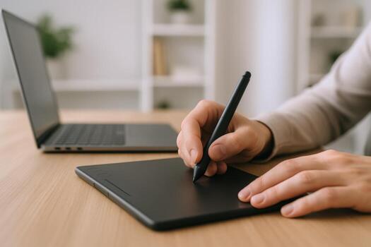 Graphic Designer Using a Pen Tablet, Working on Laptop in a Bright Modern Office Space photo
