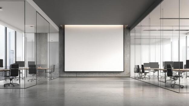 Modern Office Space with Blank Whiteboard Display for Mockup, Presentation, Advertisement, or Collaboration photo