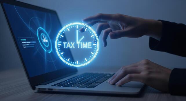 Tax Time Deadline Reminder Person Interacting with Laptop Displaying Clock Icon for Finance and Accounting photo