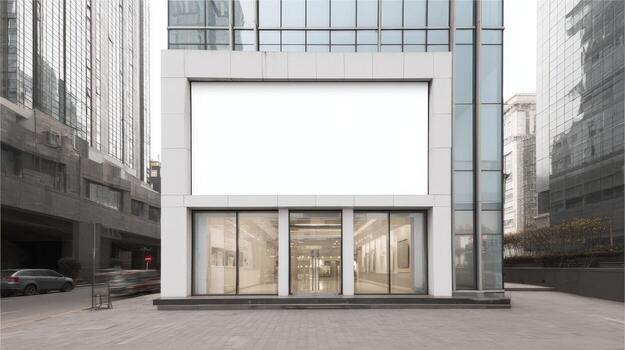 Modern Building Facade with Blank Billboard and Glass Windows in Urban Cityscape Setting photo