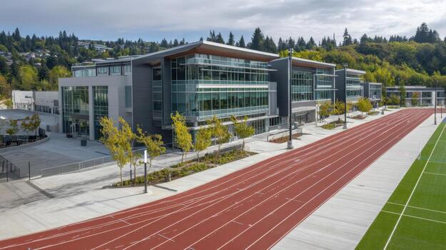 Modern School Architecture with Track Field and Landscaping, Creating an Environment for Learning and Sports Activities photo