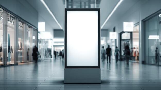 Blank Advertisement Mockup Display in Modern Shopping Mall with Blurred People Walking in Background photo