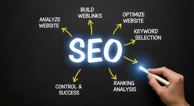 SEO Strategy Concept on Blackboard Showing Website Optimization, Ranking Analysis and Keyword Selection for Online Success photo