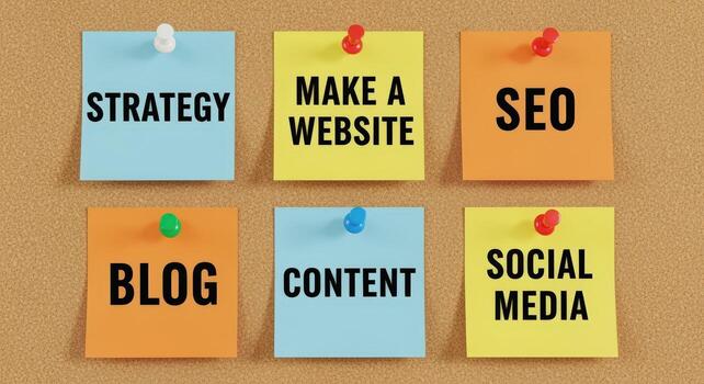 Sticky Notes Displaying Digital Marketing Strategies SEO, Content, Social Media, Website, Blog, and Strategy photo