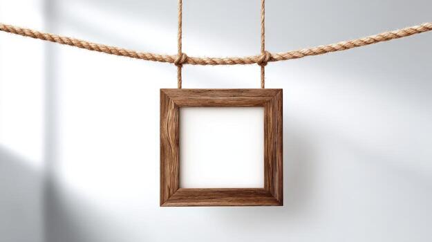 Hanging Wooden Frame Mockup with Rustic Rope for Artwork Display and Creative Presentations against White Wall photo