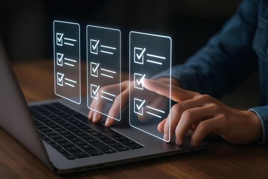 Digital Checklist on Laptop Screen Online Survey, Task Management and Successful Completion Concept photo