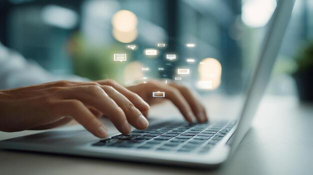 Hands Typing on Laptop with Email Icons Representing Communication and Digital Connection photo
