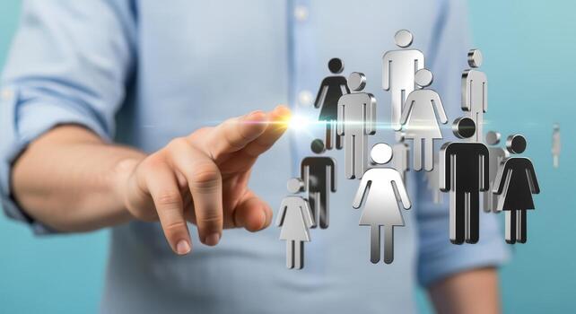 Human Resources Concept Man Touching 3D Rendered People Icons, Illustrating Teamwork, Connection, and Organizational Structure photo