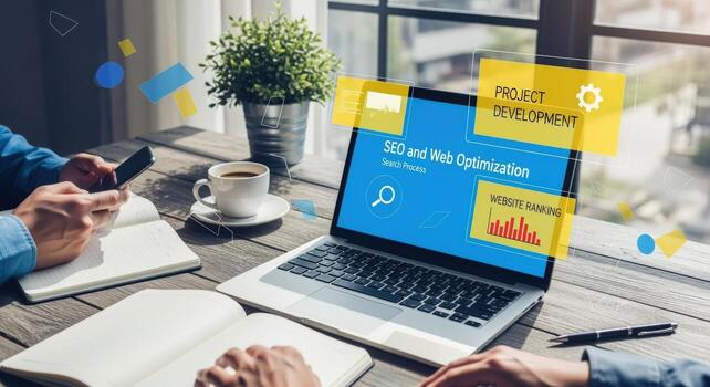 SEO and Web Optimization Project on a Laptop with Man Using Mobile Phone photo