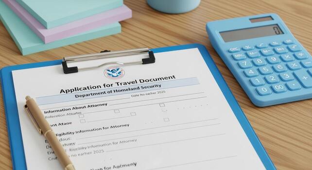 Travel Document Application on Clipboard with Pen and Calculator on a Wooden Desk Surface photo