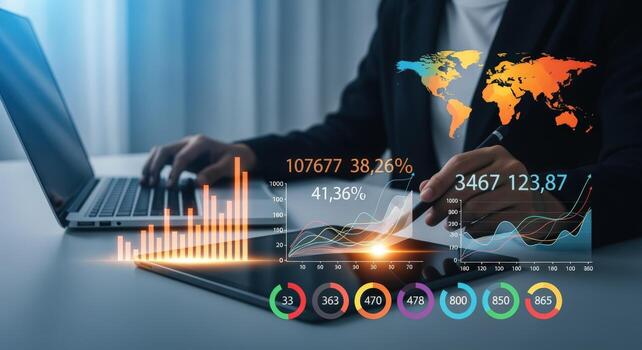Data Analysis Visualization Business Professional Navigating Financial Analytics with Charts and Digital Interface on Devices photo