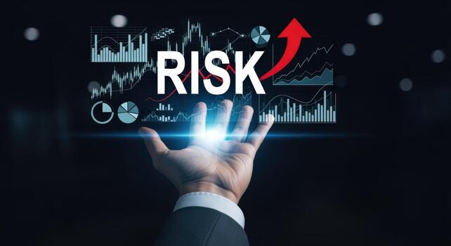 Risk Management Concept Hand Holding Digital Display of Financial Charts and Risk Text with Upward Arrow photo