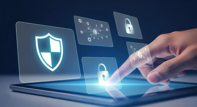 Data protection on digital device, safety information, access, cyber security technology, and business privacy concept photo