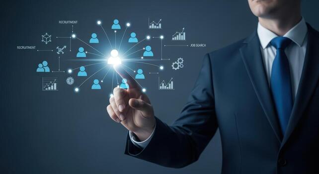 Business Man Interacting with Digital Network Interface Representing Teamwork, Analytics, and Global Connections in Modern Technology photo