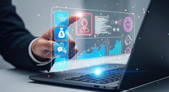 Business Professional Interacting with Holographic Interface on Laptop Screen, High-Tech Financial Analysis and Data Visualization photo