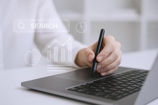 Business Analysis and Data Visualization Person Using Laptop with Digital Chart Overlay for Strategic Decision Making photo