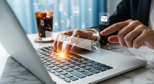 SEO Optimization Strategy Businessman Analyzing Website Data, E-commerce Marketing and Digital Analytics on Laptop photo