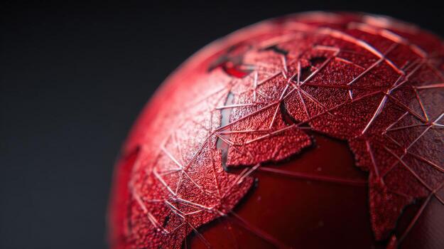 Stylized Red Globe Depicting Global Networks, Connectivity, and International Relations on Dark Background photo