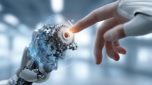 Human and Robot Hand Touching Conceptual Image of Technology, Artificial Intelligence, and Future Connection photo