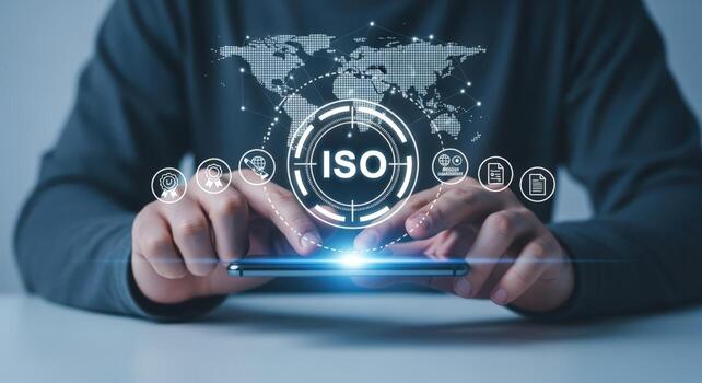 ISO certification displayed over smartphone with global map, showcasing international business standards and quality management compliance photo