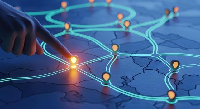 Strategic Global Network Visualization Hand Pinpointing Key Location in an Interconnected System photo