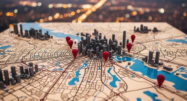 City Planning Map with 3D Model Buildings and Red Location Pins Representing Urban Development photo