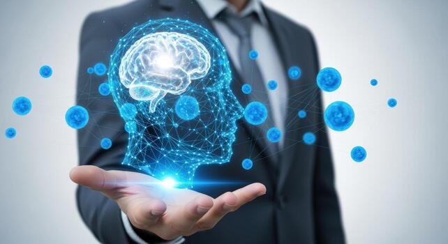 Digital Brain Concept Businessman Holding Holographic Head with Neural Network for Artificial Intelligence photo