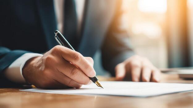 Close-up of Businessman Signing Official Documents with a Pen on a Wooden Table photo