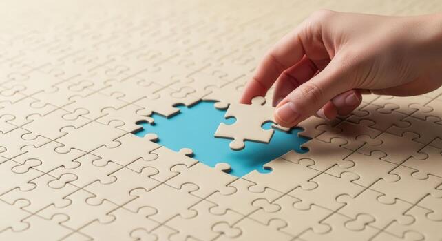 Completing Puzzle Hand Placing Final Piece into Jigsaw, Symbolizing Solution and Teamwork, Strategy and Achieving Goals photo