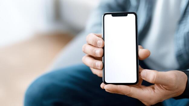 Man Holding Smartphone with Blank Screen Display for UIUX Design Mockup and App Promotion photo