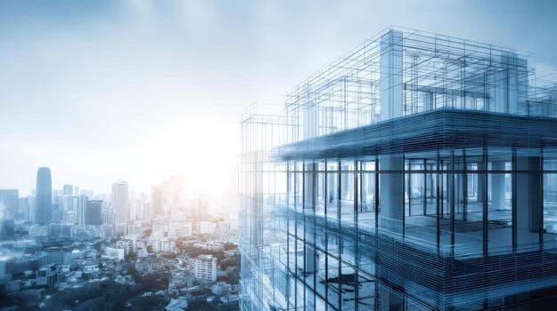 Modern Architecture Blueprints and Cityscape A Vision of Future Development and Urban Planning Concept photo