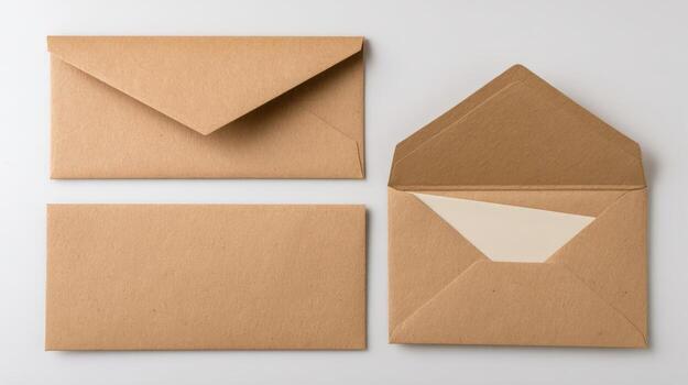 Elegant Kraft Envelopes Mockup Stationery Set for Invitations, Greetings, and Correspondence on Clean Background photo