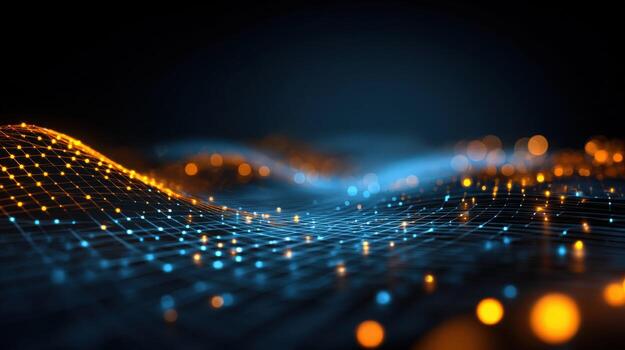 resumen datos red interconectado nodos formando ola modelo en azul y oro matices, representando conectividad foto