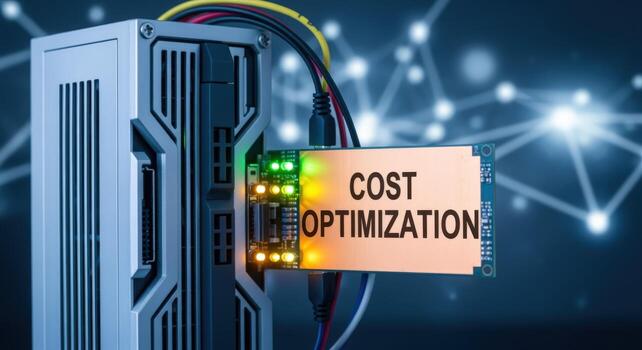 Cost Optimization Hardware Component Showing Efficiency and Savings in Technology with Digital Network Background photo