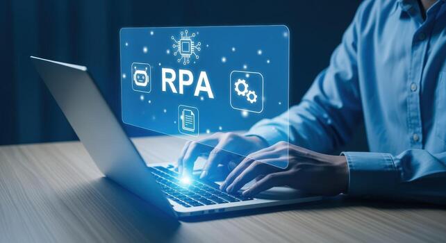 Robotic Process Automation Concept Businessman Using Laptop with RPA Icons Displayed on Screen in Modern Office photo