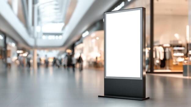 Blank Advertisement Billboard Mockup in Shopping Mall, Modern Public Information Display, White Screen for Custom Content photo