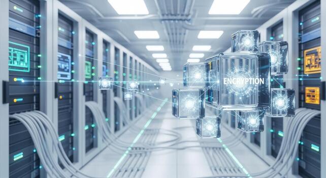 Data Center with Server Racks Visualizing Encryption, Data Security, and IT Infrastructure Solutions photo