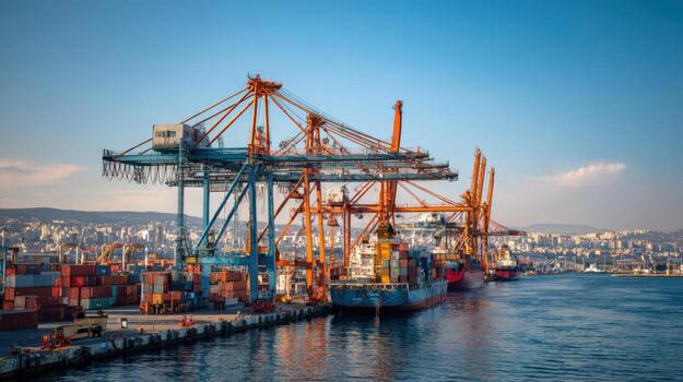 Busy Container Terminal with Cranes and Cargo Ships Loading and Unloading Goods, Logistics and Transportation photo