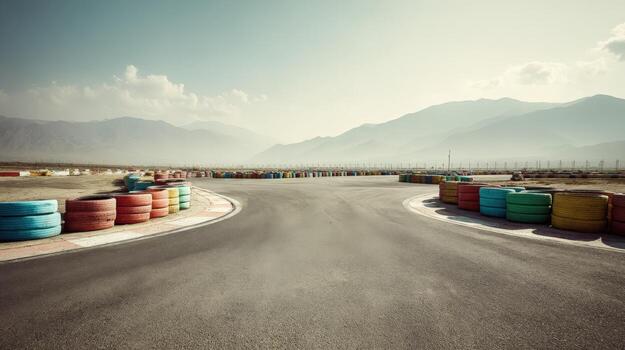 Empty Asphalt Racetrack Curves Through a Desert Landscape with Colorful Safety Barriers and Mountain Backdrop photo
