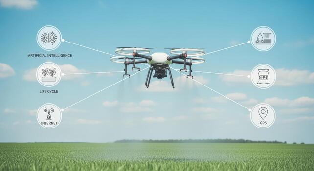 Precision Agriculture Drone Flying Over Green Field, Showcasing Artificial Intelligence, GPS, and Crop Management Capabilities photo