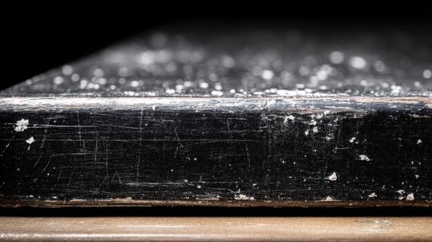 Distressed Black Wooden Surface with White Specks and Visible Scratches for Texture and Backgrounds photo