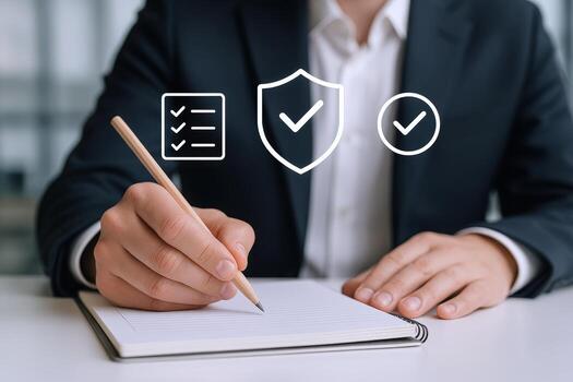 Business Professional Reviewing Compliance Checklist for Risk Management and Quality Assurance, Utilizing a Notebook and Pencil photo