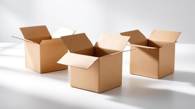 Tres abierto marrón cartulina cajas en un blanco superficie, embalaje y entrega concepto foto