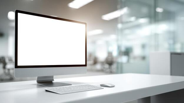 Modern workspace with blank desktop computer screen mockup in a bright, contemporary office setting photo