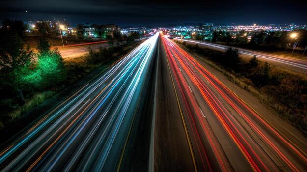Night Highway Traffic Flow Long Exposure Captures Motion and Urban Illumination, Ideal for Transportation and Infrastructure Concepts photo